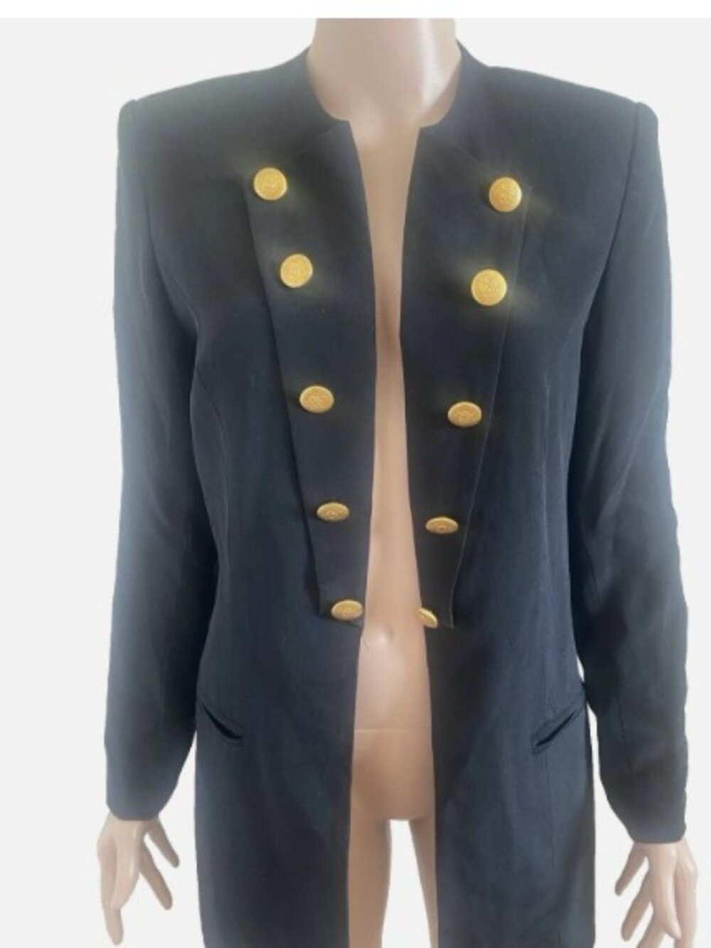 VINTAGE JEREMY SPENSER Black 100% Silk Gold Button Military Blazer Jacket Size 8 - Picture 2 of 4